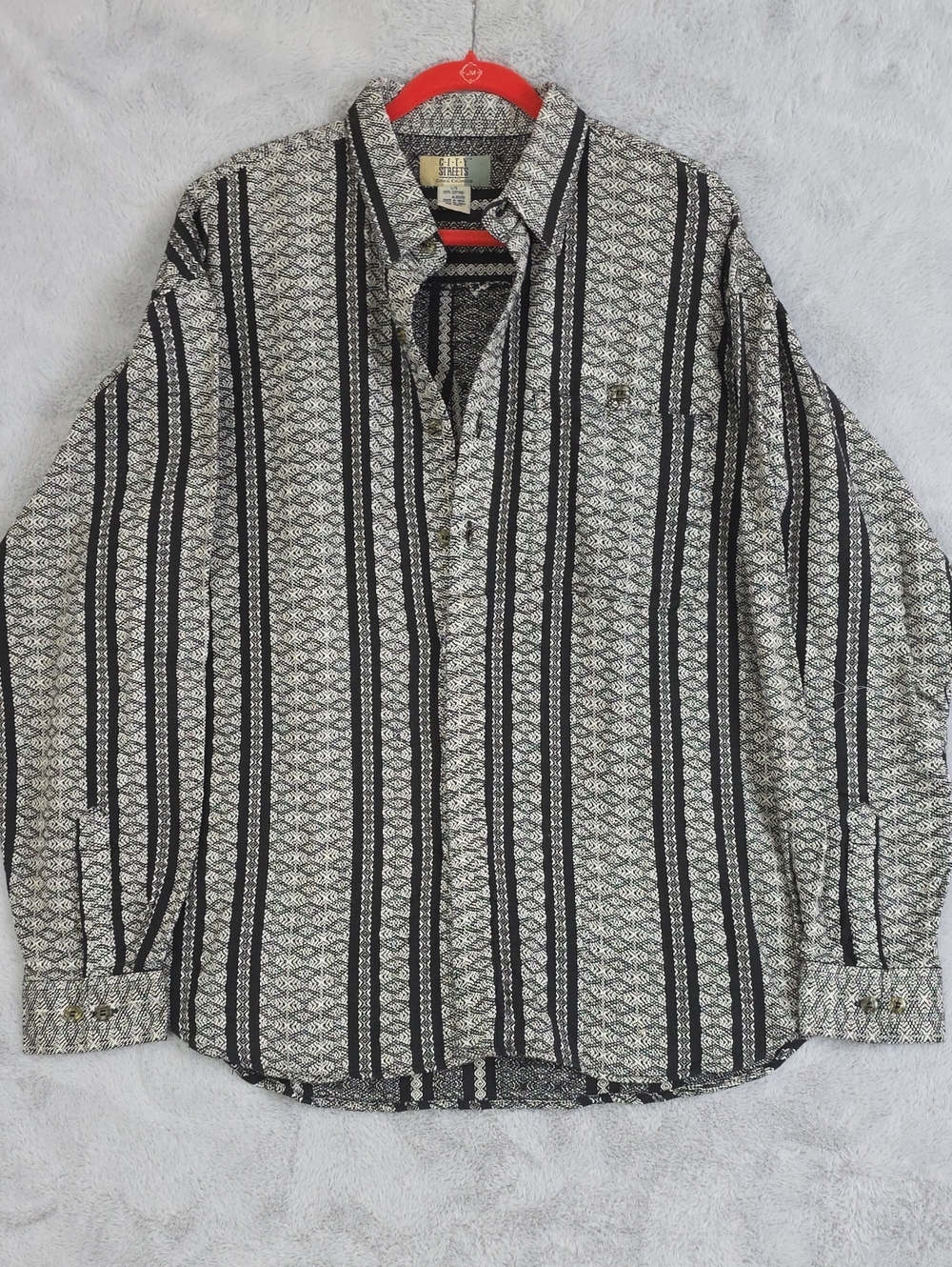 City Streets Men's Large Black White Geometric Stripe Button Up Shirt 100% Cotto